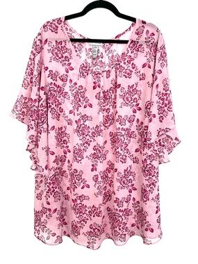 Catherine's Pink Floral Blouse Flutter Sleeve Sheer Chiffon 4X 30/32W
